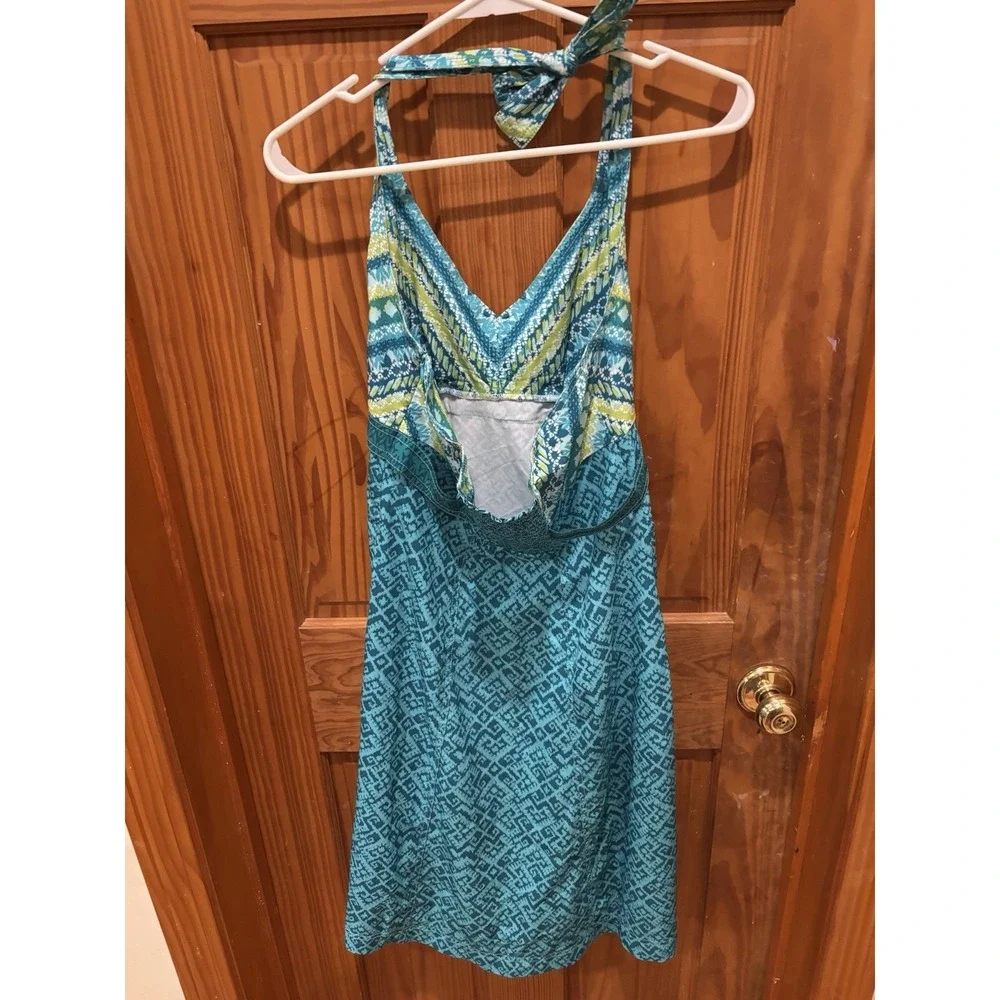 Athleta Pack Everywhere V Neck Halter Dress Turquoise Teal Geometric Design Sz 8